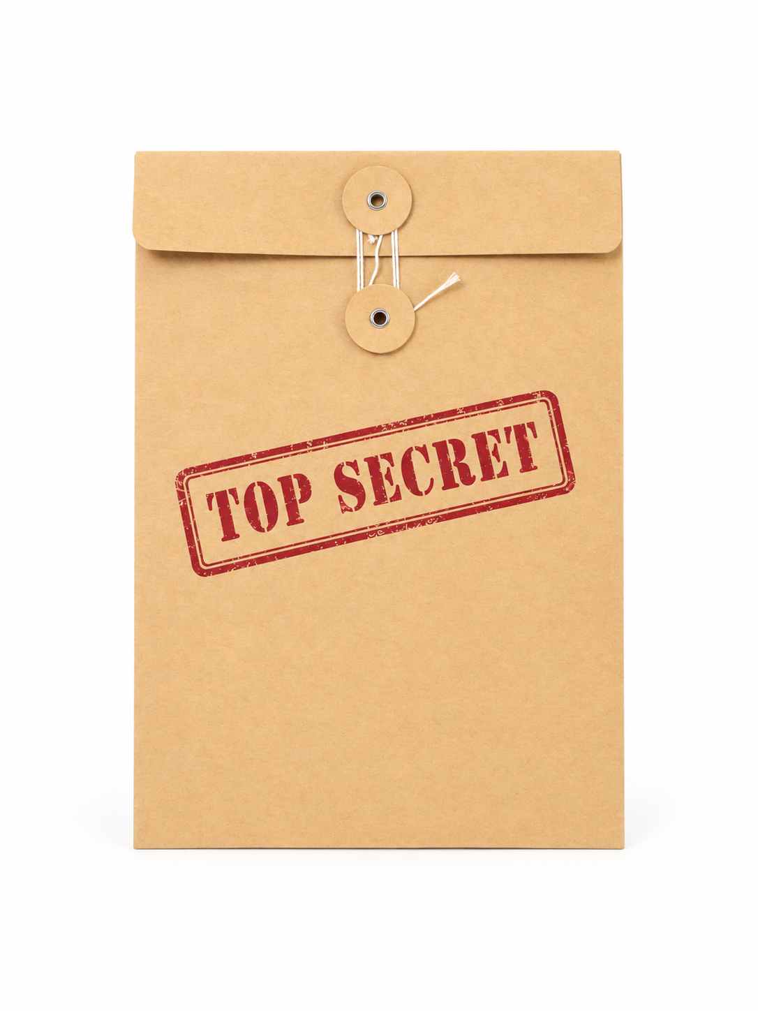 끈으로 여미고 앞면에 TOP SECRET 인장이 찍힌 크라프트 봉투