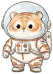 둥근 헬멧을 쓴 흰 우주복 차림의 범이
